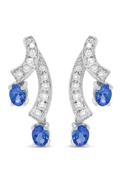 Oval Shaped Blue Tanzanite Gemstone and 1/5 Cttw Diamond Double Drop Earrings - Picture 1 of 5